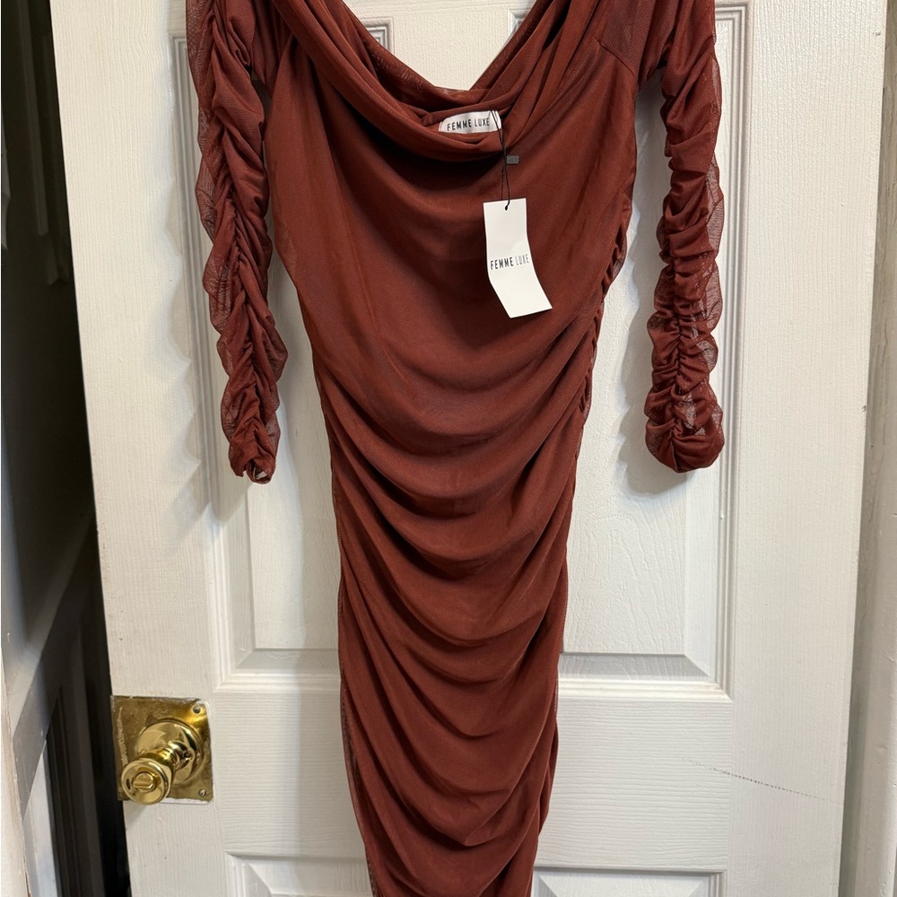 Rust Ruched Dress - Picture 2 of 3